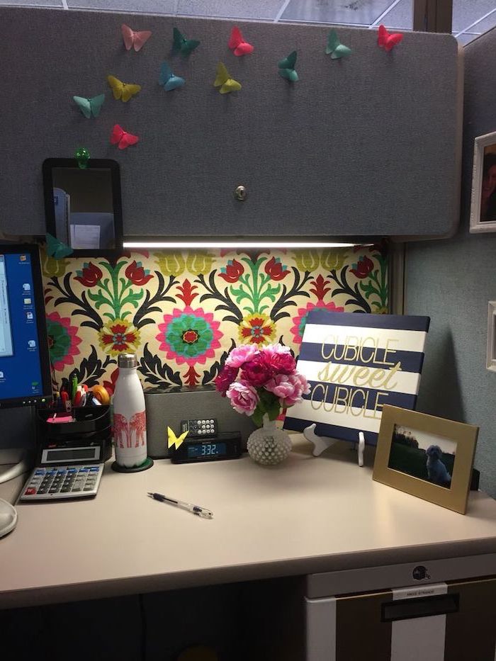 cubicle sweet cubicle, floral wallpaper, mens office decor, grey wall, paper butterflies, water bottle