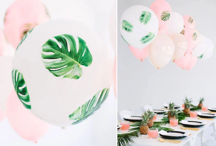 floral theme, dinosaur baby shower, pink and white balloons, table runner, made of palm leaves and pineapples