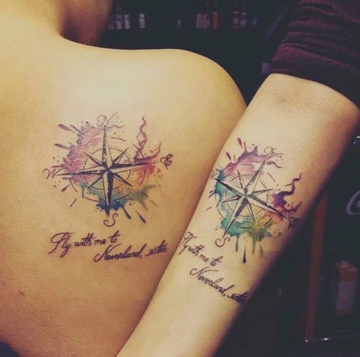 matching tattoos, fly with me to neverland sister, anchor and compass tattoo, shoulder tattoo, forearm tattoo, watercolor tattoos