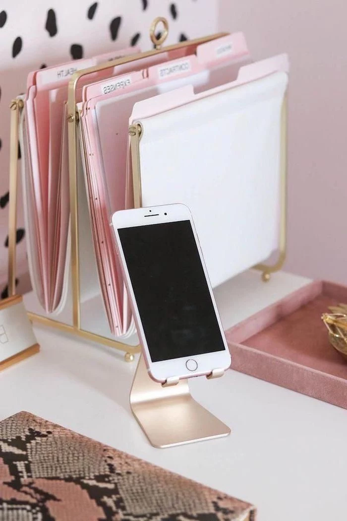 gold metal, folder holder, rose gold, phone stand, office desk decor, white desk, pink wallpaper