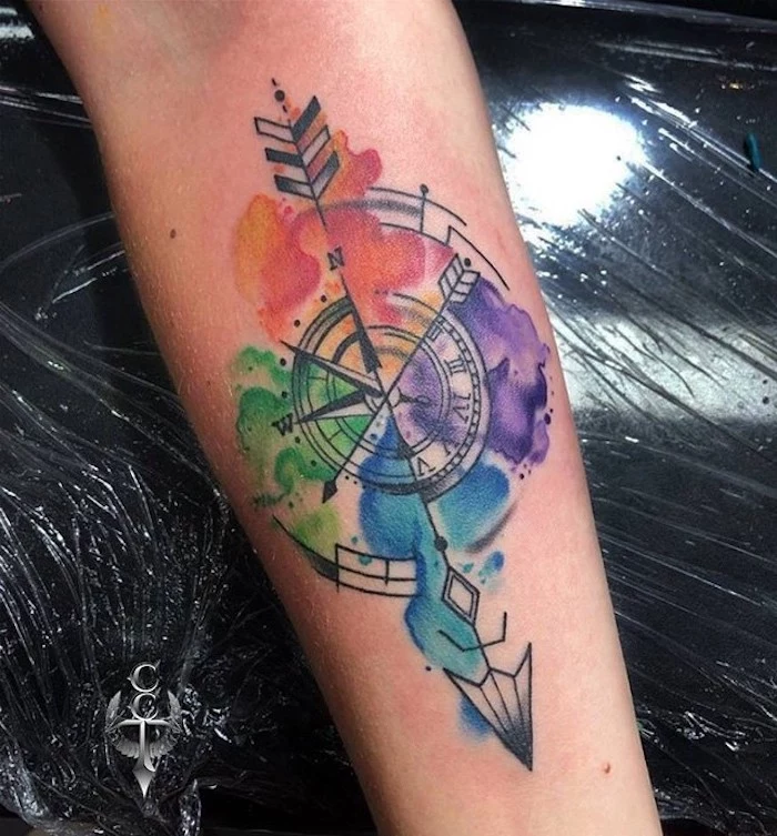 watercolor tattoo, compass arrow tattoo, half watch, half compass, forearm tattoo, black leather chair