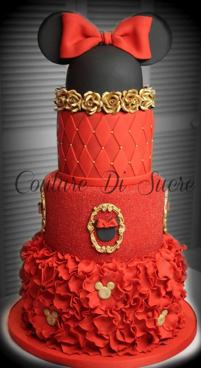 red and black fondant, red frosting, minnie mouse birthday cake, gold decorations, four tier cake