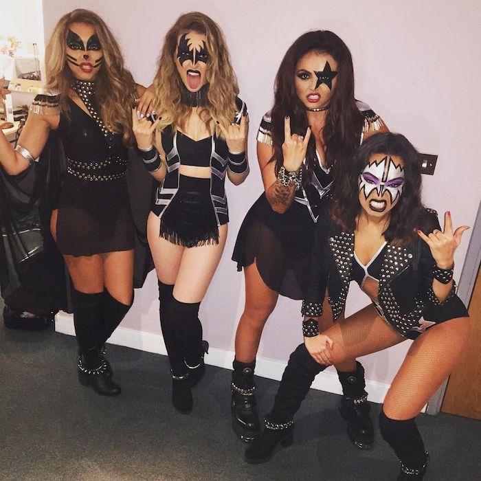 little mix, dressed as kiss, halloween costume ideas for women, wearing make up, black body suits, black boots