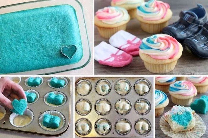 small cupcakes, colorful frosting, blue hearts inside, gender reveal party ideas, step by step, diy tutorial