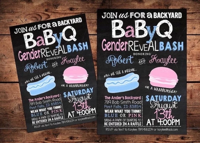 babyq invitations, gender reveal box, wooden background, pink and blue letters