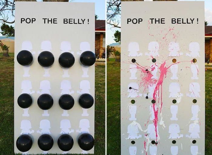 pop the belly board, black balloons, pink paint, gender reveal balloons