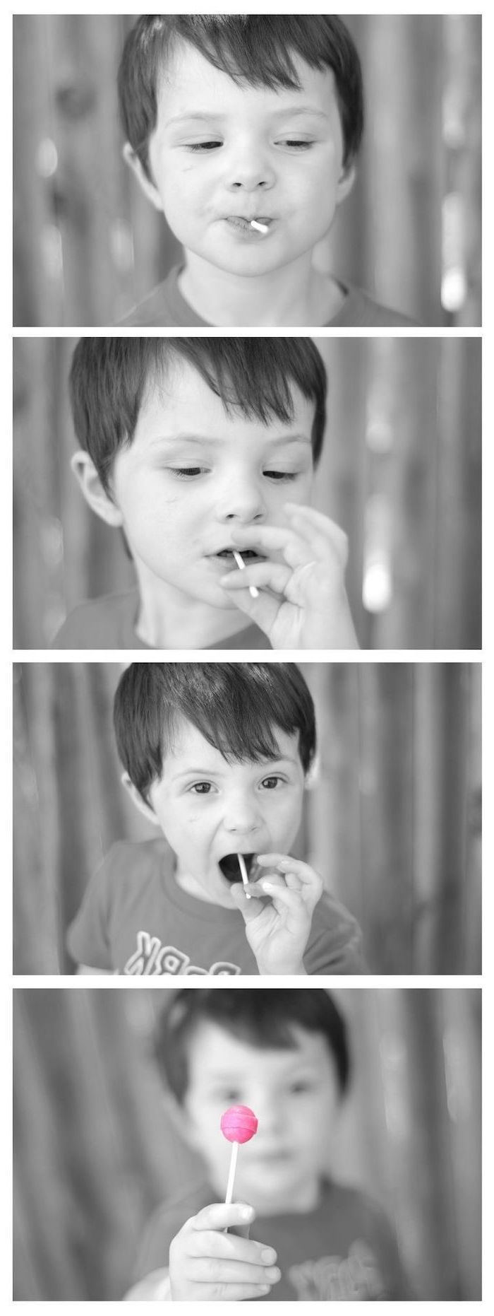 black and white, photo collage, little boy, gender reveal balloons, pink lollipop