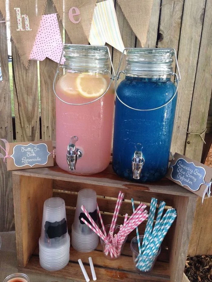 rustic decor, gender reveal box, blue and pink lemonade, wooden crates, paper straws