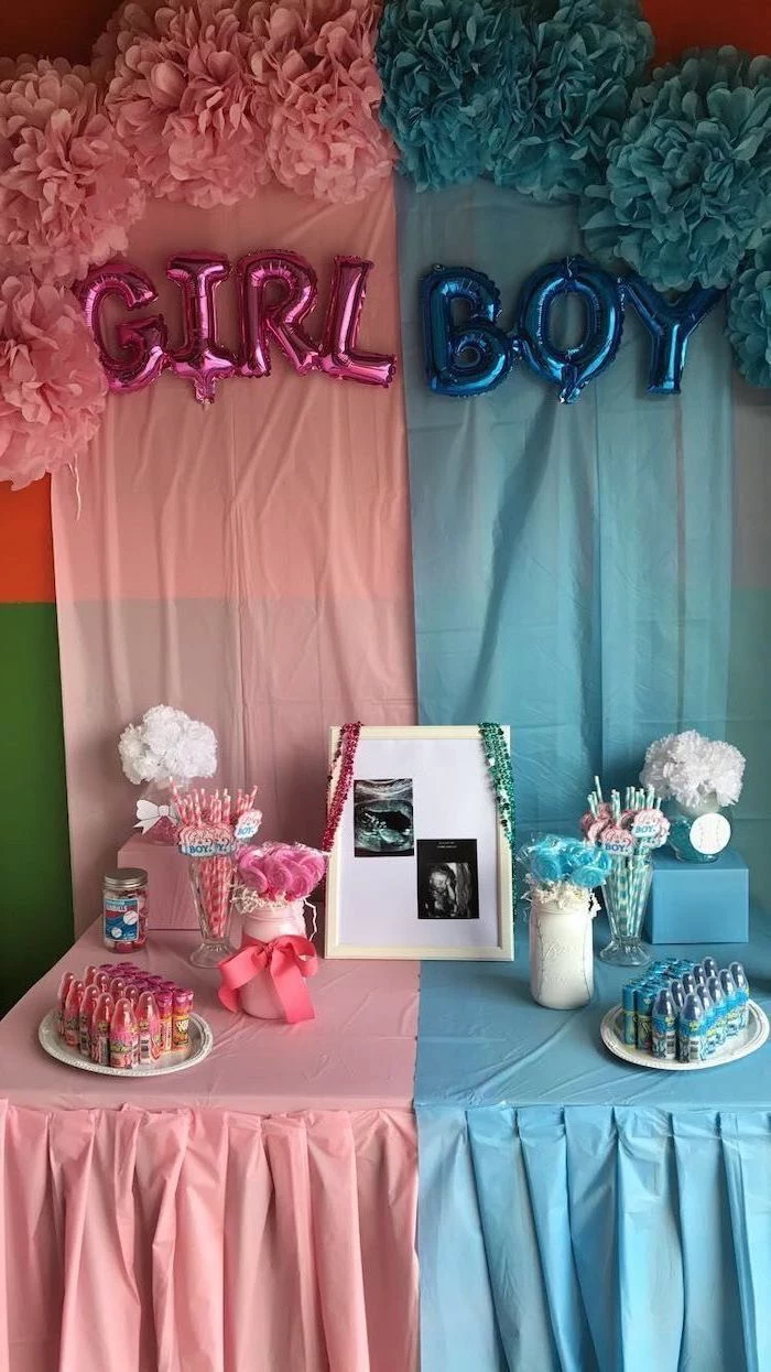 pink girl balloons, blue boy balloons, pink and blue tulle, gender reveal gifts, dessert table