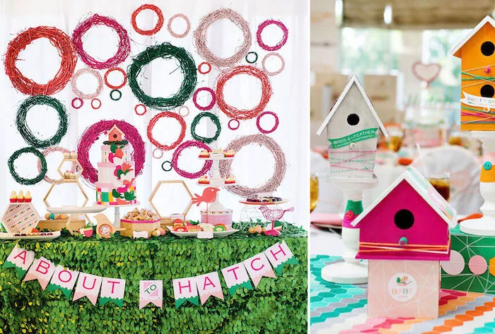 about to hatch, colorful decor, dinosaur baby shower, dessert table, little birds theme, bird houses