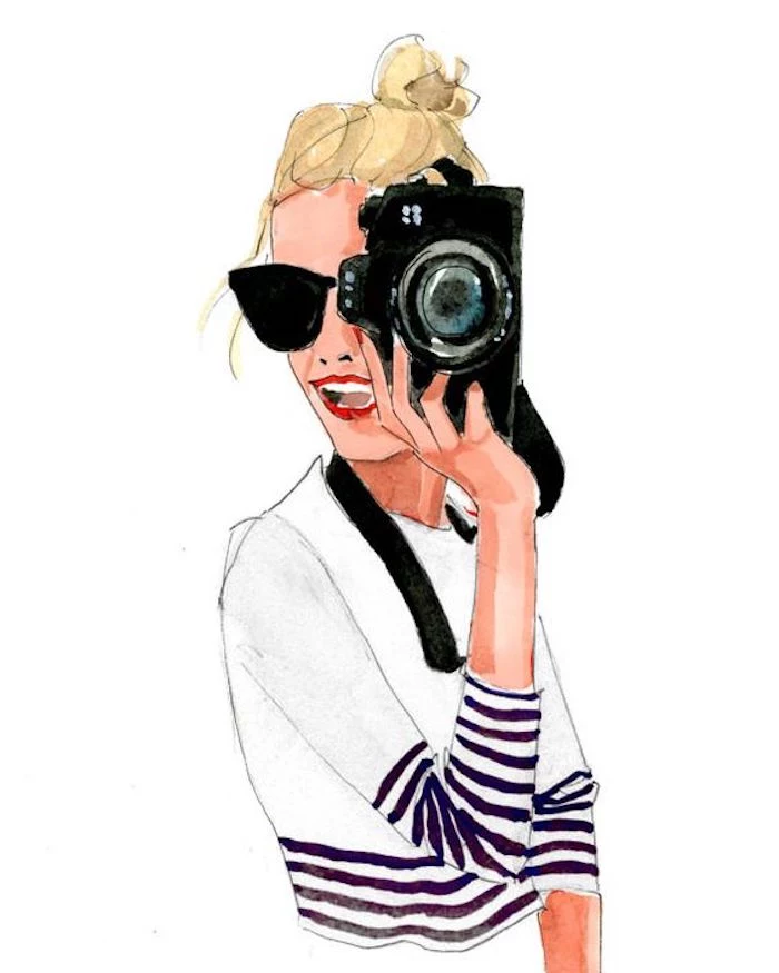 girl holding a camera, wearing a white blouse, drawing outlines, black sunglasses, blonde hair