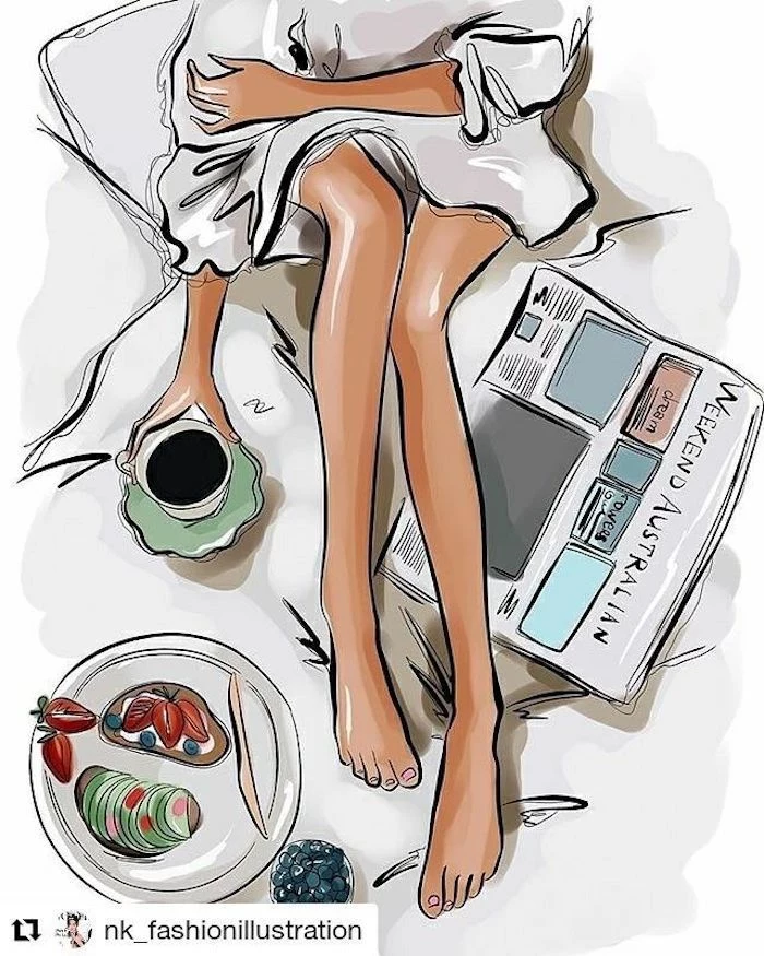 girl in bed, drawing outlines, newspaper and coffee, breakfast on a plate