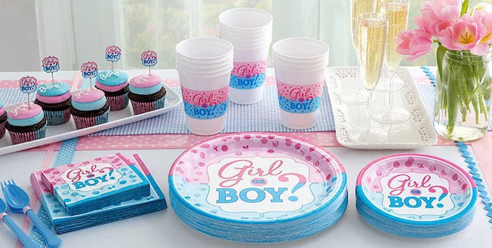 paper plates and cups, gender reveal gifts, small cupcakes, pink and blue frosting