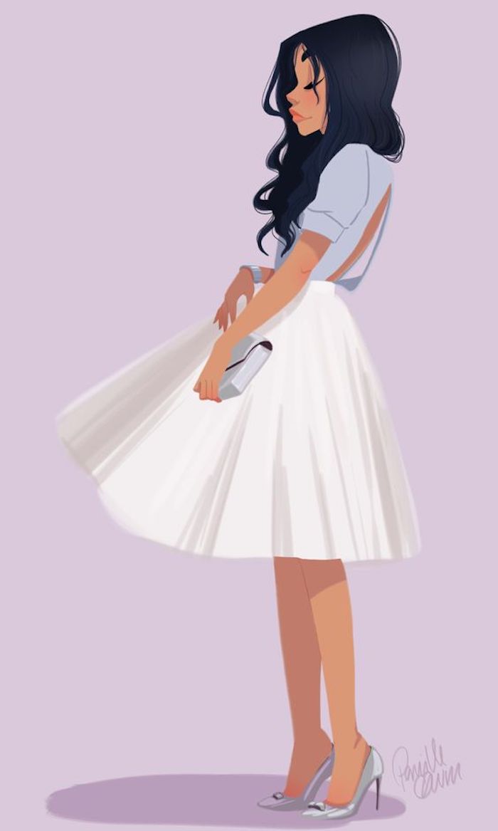 image trace, pink background, girl with black hair, wearing blue shirt, white skirt, grey heels