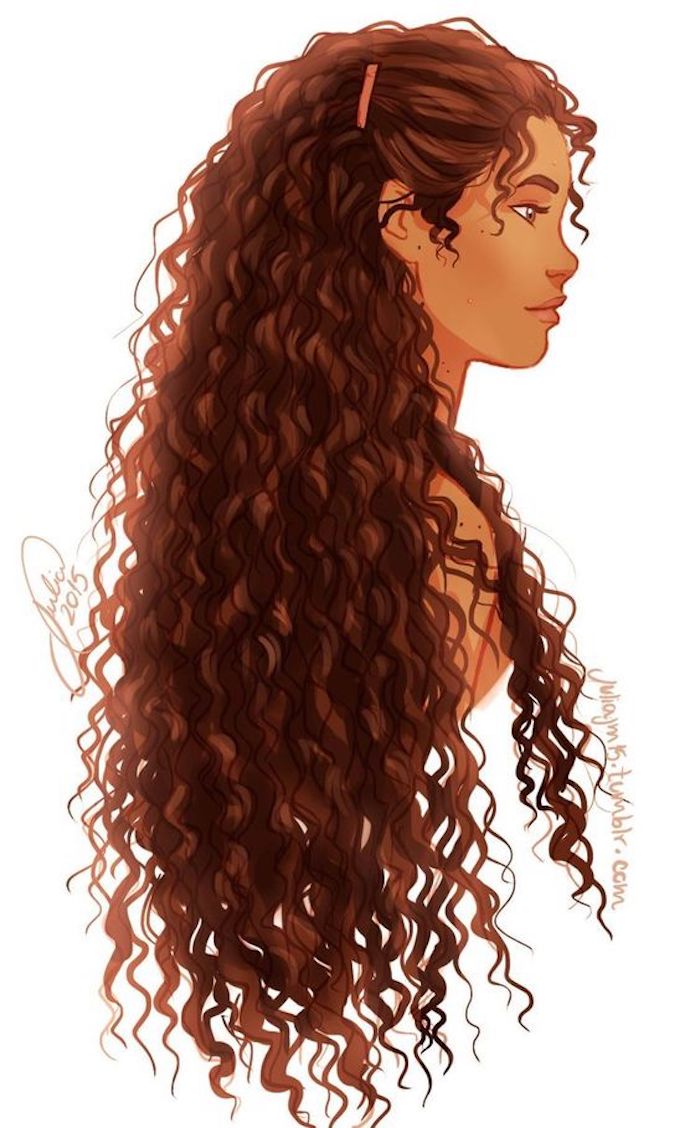 girl with long, brown curly hair, image trace, white background