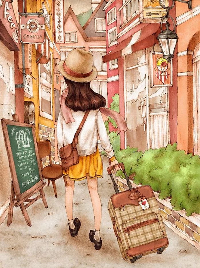 girl walking down a street, carrying a suitcase, image trace, wearing yellow skirt, white sweater