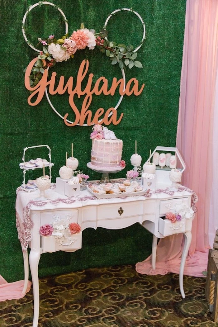 when to have a baby shower, giuliana shea, dessert table, floral wreaths, cake and cupcakes, cake pops