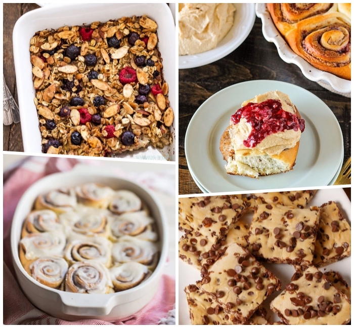 photo collage, breakfast menu ideas, cinnamon buns, baked granola bar, white trays and plates