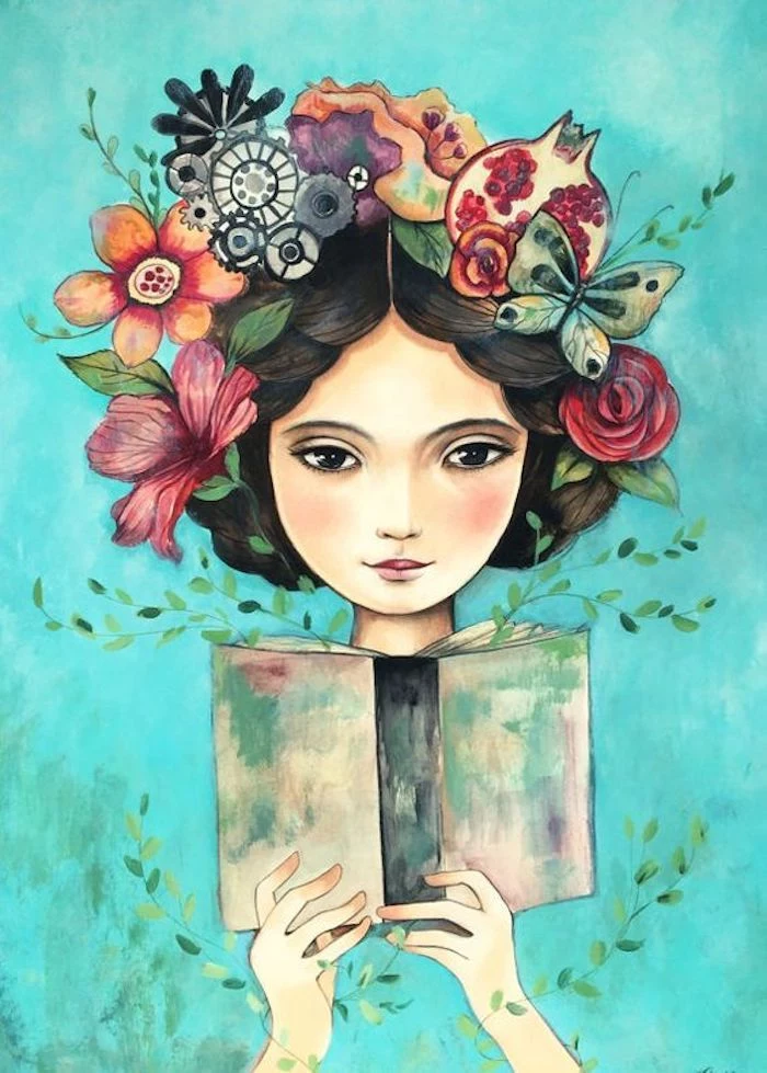 green background, image trace, head crown, made of flowers and fruits, girl reading a book