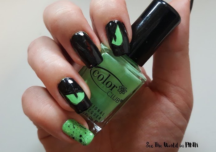 green nail polish bottle, black nail polish, red nails coffin, green eyes decoration, squoval nails