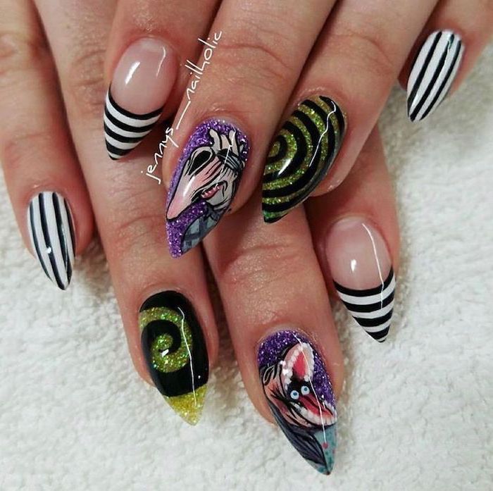 black and white stripes, yellow glitter and black circles, purple glitter nail polish, red nails coffin, stiletto nails