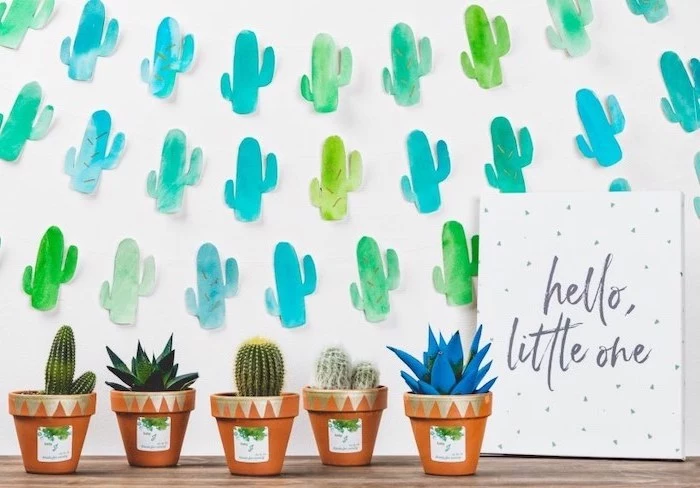 potted cactuses, paper cactuses garlands, when to have a baby shower, hello little one
