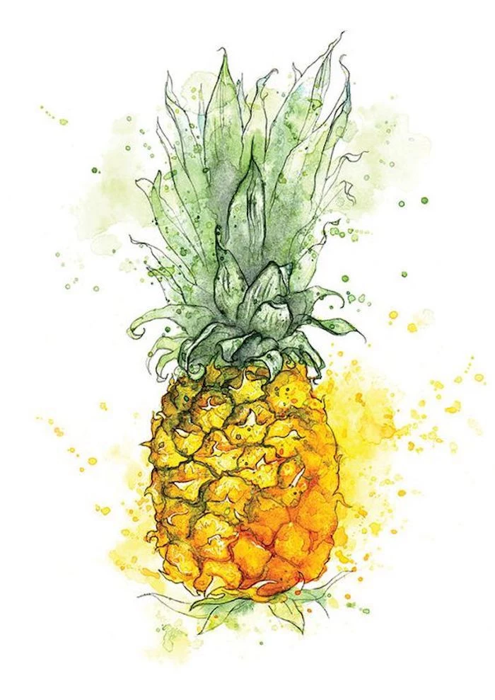drawing of a pineapple, green and yellow paint, turn photo into line drawing online free, white background