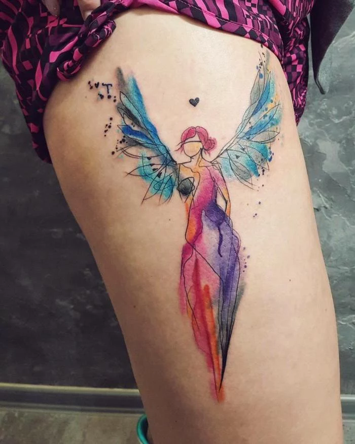 watercolor tattoo, woman with wings, angel wings tattoo on back, thigh tattoo, pink shorts