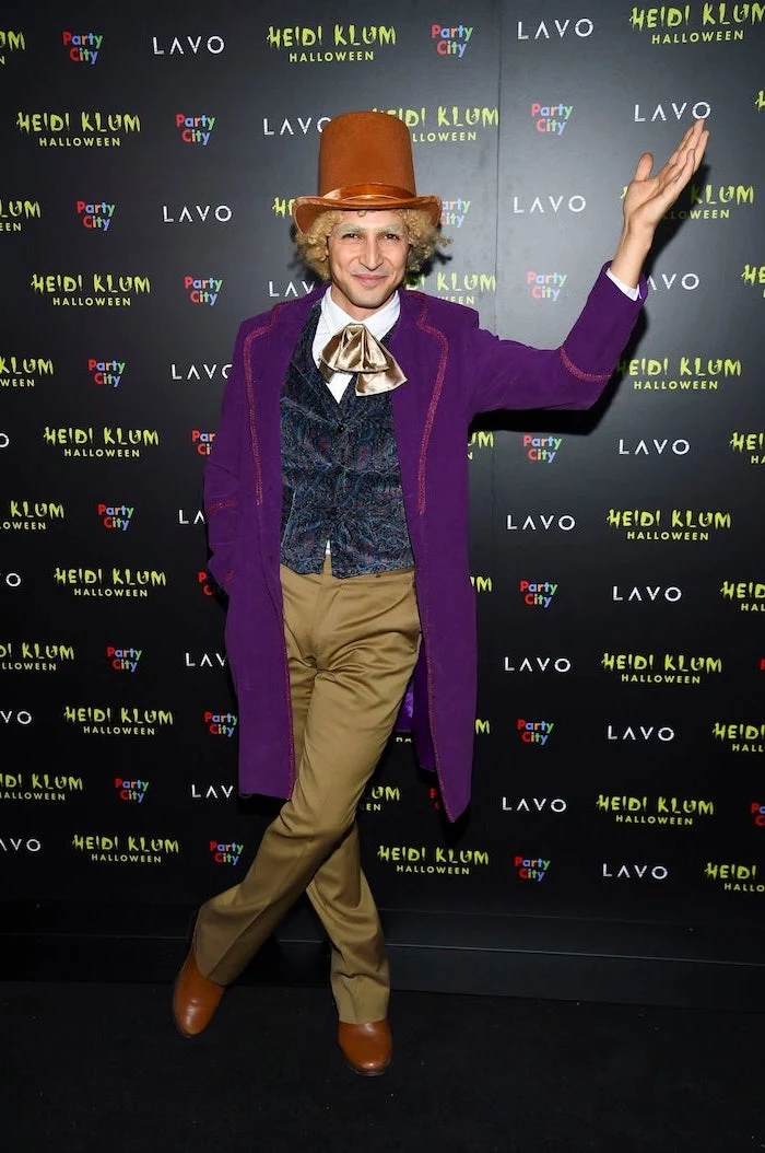 man dressed as willy wonka, willy wonka and the chocolate factory, halloween costume ideas for women