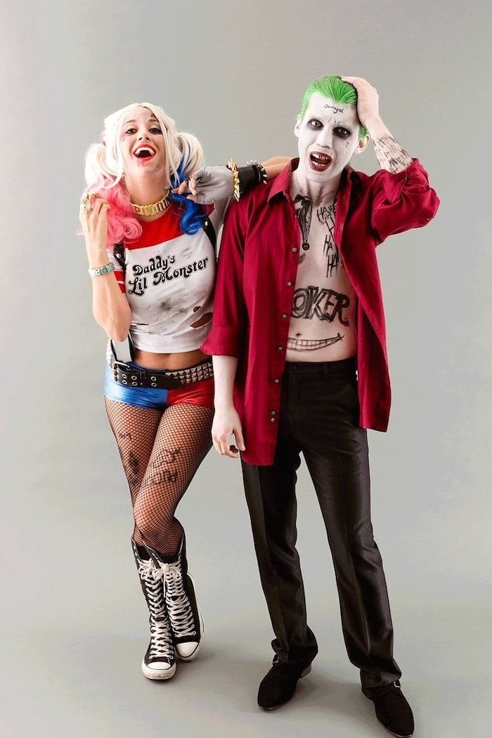 man and woman, harley quinn and the joker, adult halloween costumes, white background, suicide squad