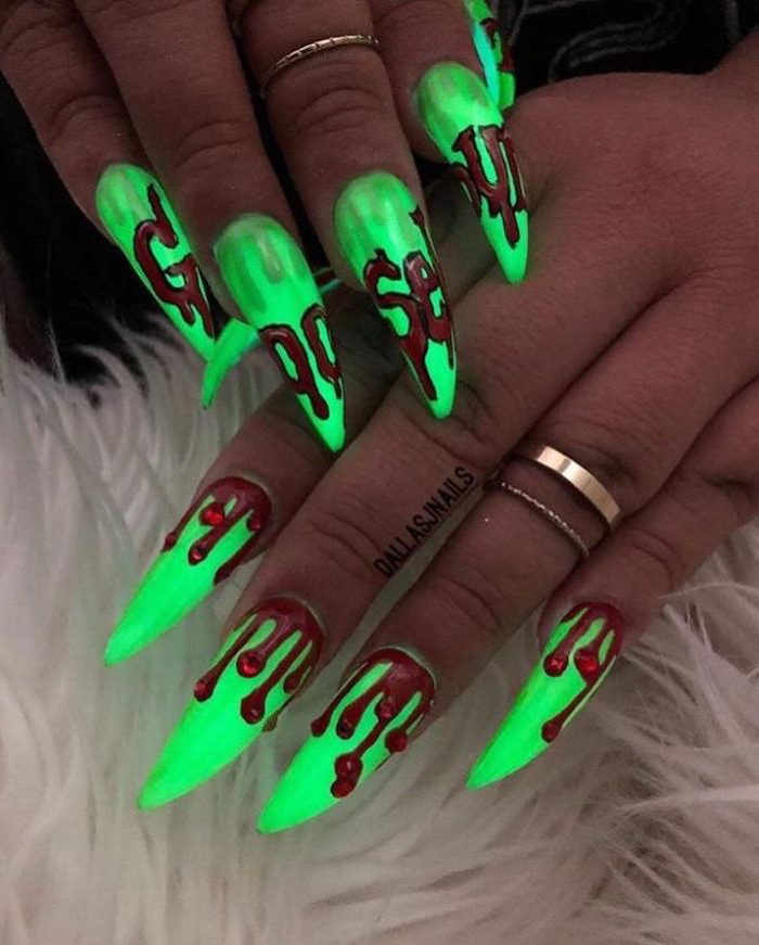 green neon, glow in the dark, nail polish, long stiletto nails, cute acrylic nail designs, goosebumps inspired, red nail polish, dripping down