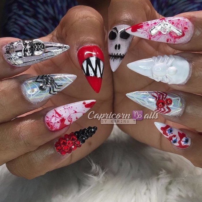 cute fall nails, white and red, chrome nail polish, different decorations, black and red rhinestones, stiletto nails