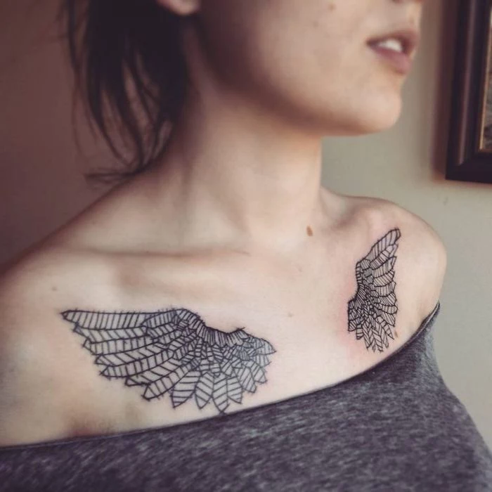 chest tattoo, angel wings, on both shoulders, angel and devil tattoo, woman with grey top, black hair