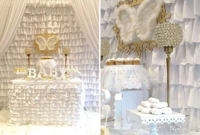 heaven sent theme, angel wings, white and gold decor, when to have a baby shower, cupcakes and donuts