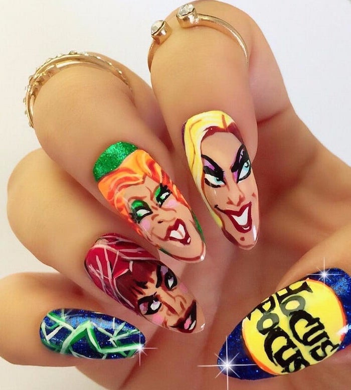hocus pocus, three witches, colorful nails, almond nails, gold rings, black and gold nail designs