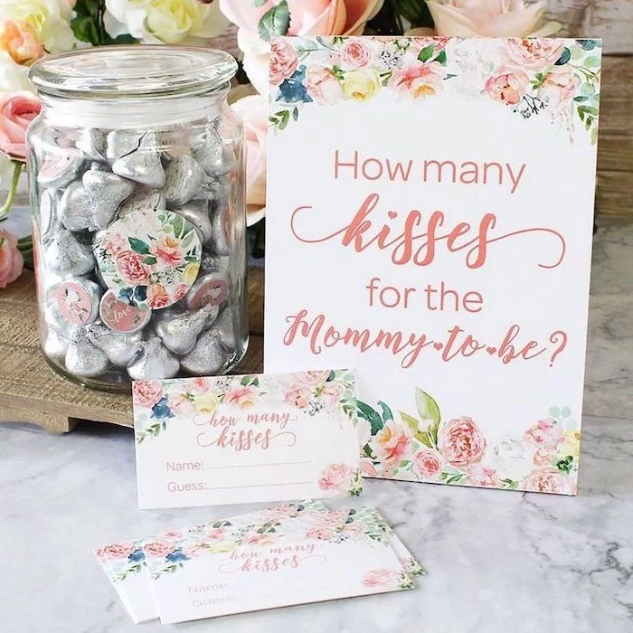 how many kisses for the mommy to be, fun game, baby shower centerpieces girl, candy jar
