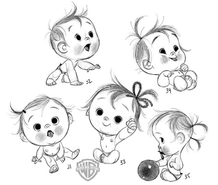 how to draw a baby, in different positions, tracer drawing, black and white sketch
