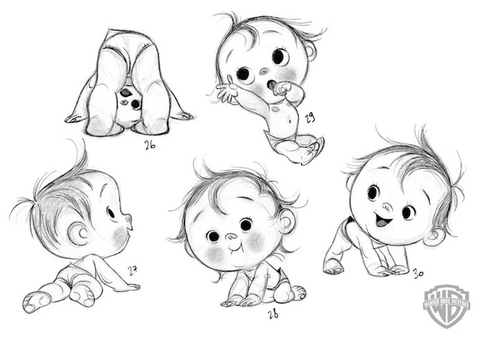 tracing pictures, how to draw a baby, in different positions, black and white sketch
