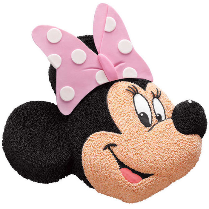cake in the shape of minnie's head, black and beige frosting, minnie mouse cupcakes
