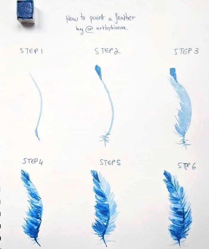how to paint a feather, images to draw, diy tutorial, white background, step by step