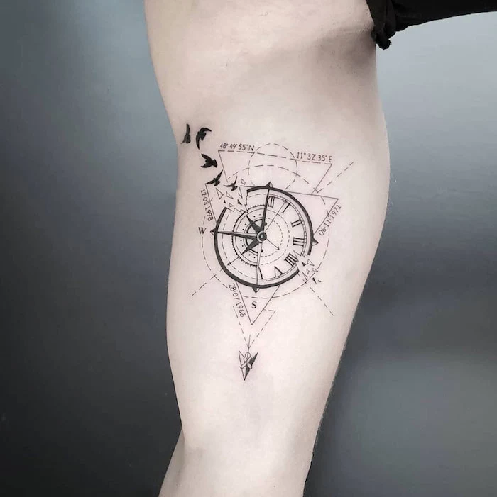 geographical coordinates, compass rose tattoo, inside arm tattoo, grey background, half watch, half compass