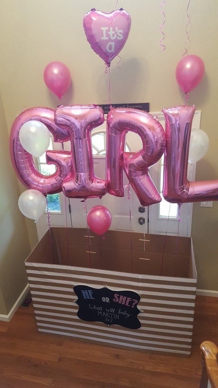 pink girl balloons, gender reveal ideas for family, he or she, carton box, heart shaped balloon
