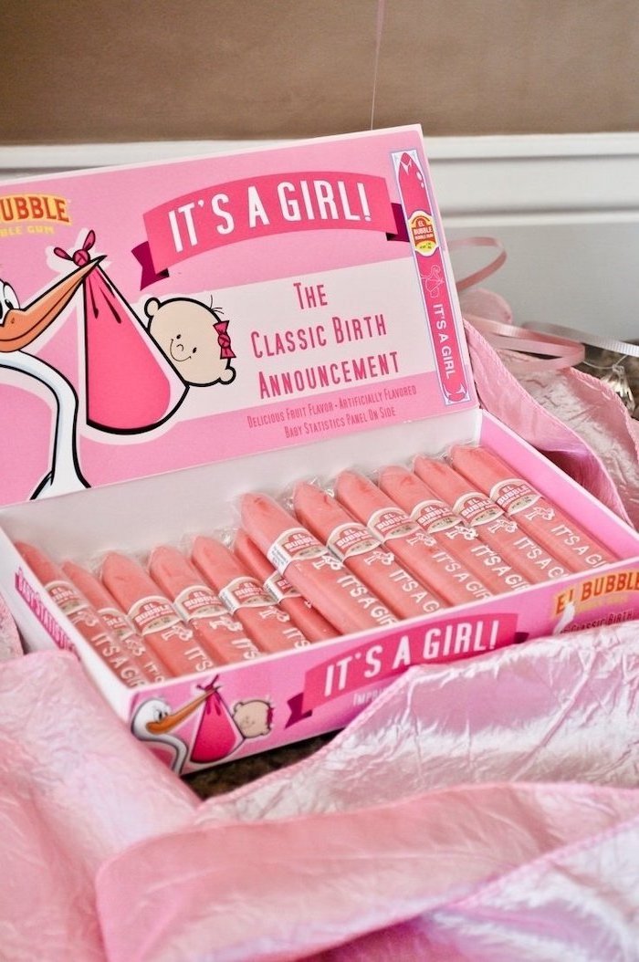 the classic birth announcement, pregnancy tests, it's a girl, baby shower centerpieces girl, pink carton box