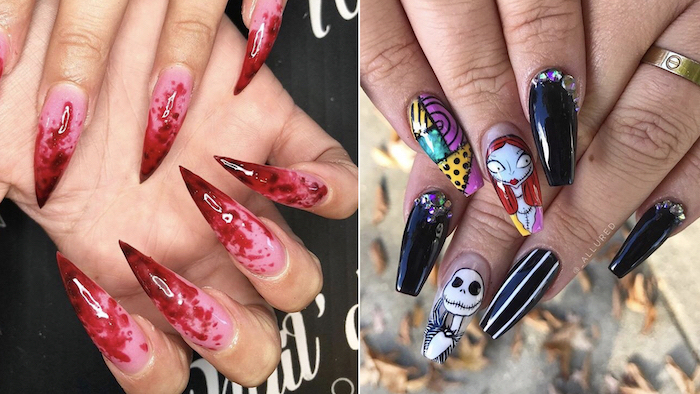 side by side potos, bloody nails, stiletto nails, jack skellington and sally, nightmare before chistmas, coffin nails