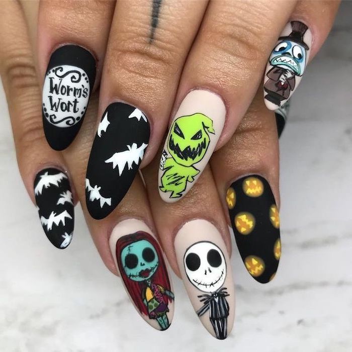 nightmare before christmas, jack skellington and sally, worm's wort, cute fall nails, almond nails