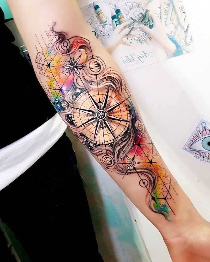 watercolor tattoo, forearm tattoo, compass meaning, white background, geometric design