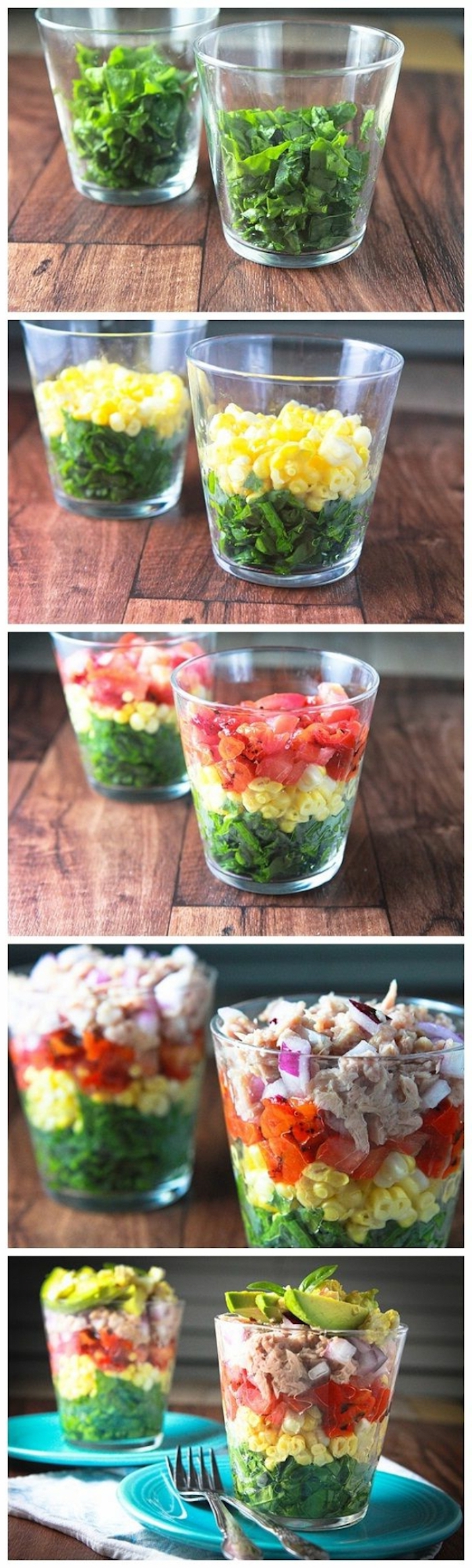 step by step, diy tutorial, green salad, brunch items, corn and tomatoes, meat on top, large glass bowls