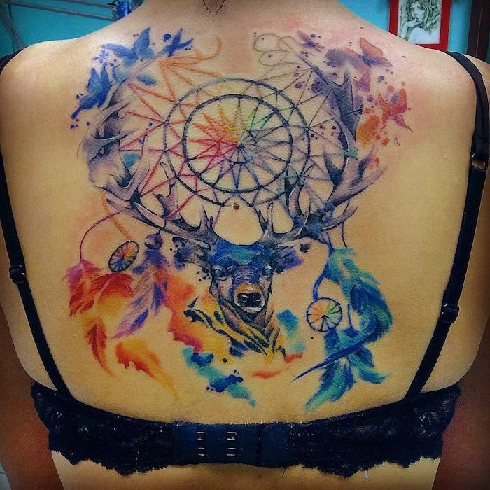 large back tattoo, dream catcher tattoo for men, watercolor tattoo, stag head, black bra straps