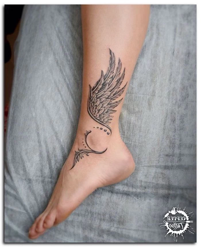 ankle tattoo, angel wing, angel and devil tattoo, grey background