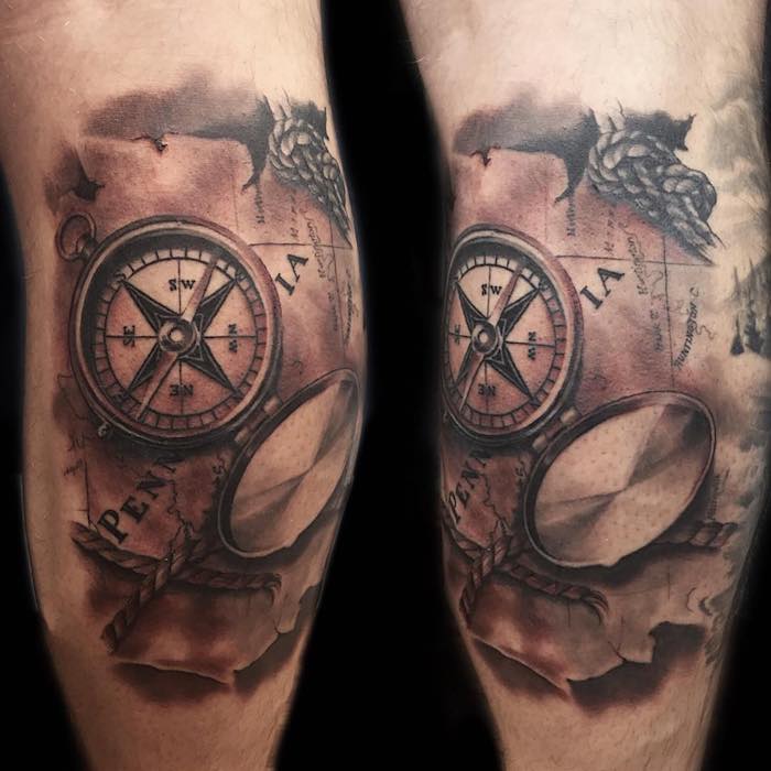 side by side photos, black background, compass tattoos for men, vintage map of the world, leg tattoo